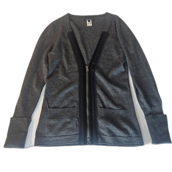 Nanette Lepore M 100% Merino Wool Velvet Ribbon Zip Up Cardigan Pockets Grey - Picture 8 of 8